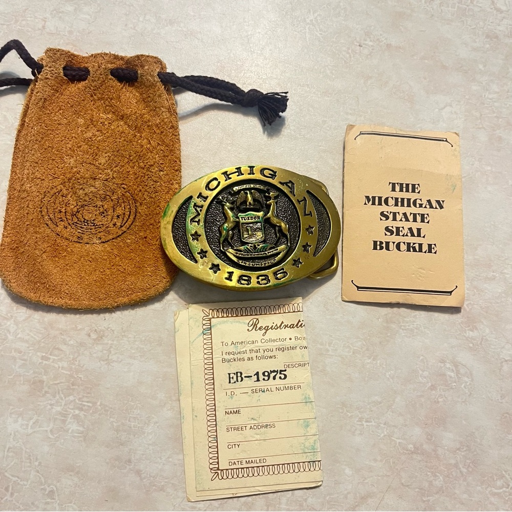 Vintage/Rare Solid Brass 3D Michigan State Seal Belt Buckle